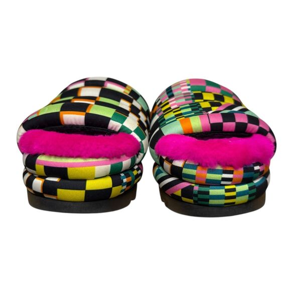 UGG Women’s 7 Maxi Checks Platform Slide Sandals Sheepskin Colorful Pink Fur - Picture 3 of 7